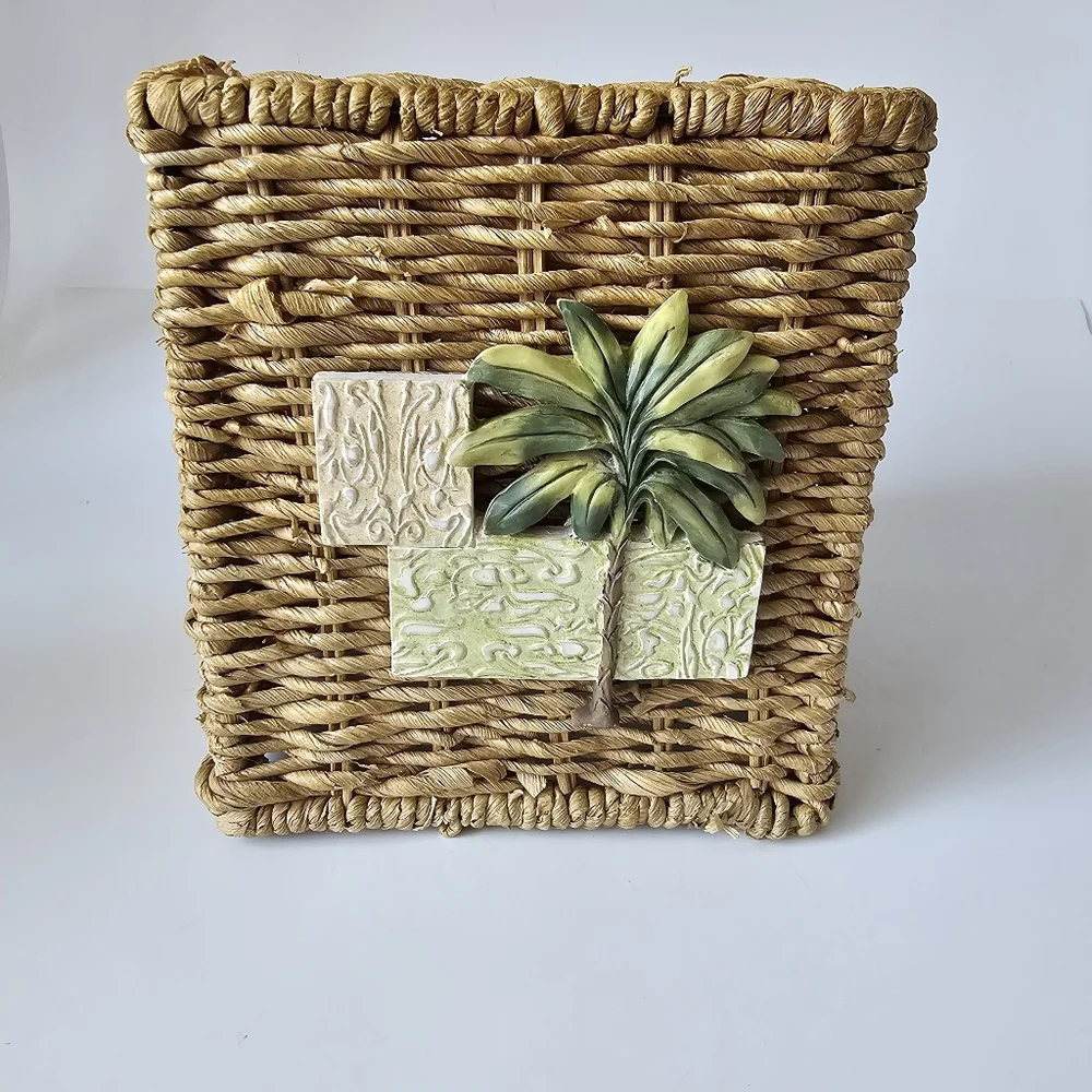 VTG Wicker Tissue Box Cover Holder Green Porcelain Tree Detail Boho Home…